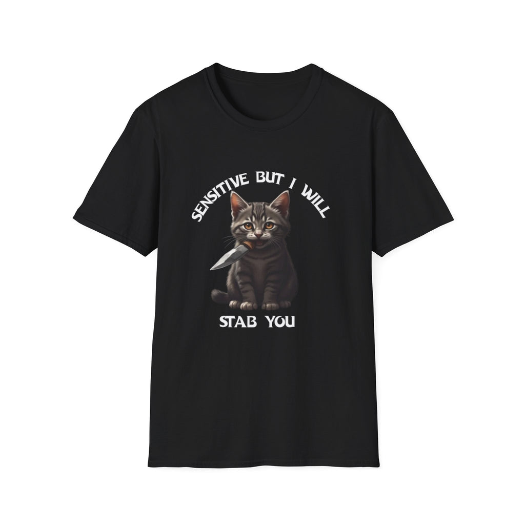 Women's Tee — "Sensitive But I Will Stab You" Cute Cat Graphic