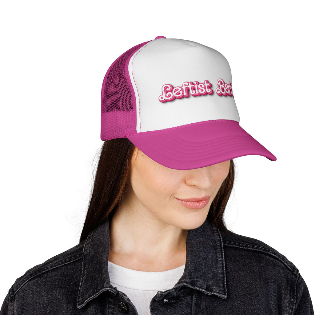Leftist Barbie Trucker Cap — Pink Retro Script Political Mesh Hat
