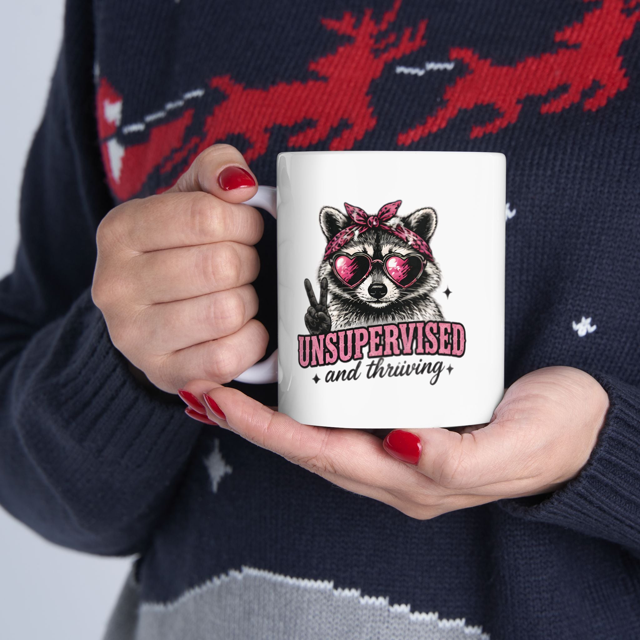 “Unsupervised & Thriving” Raccoon Coffee Mug – Feminist Gift