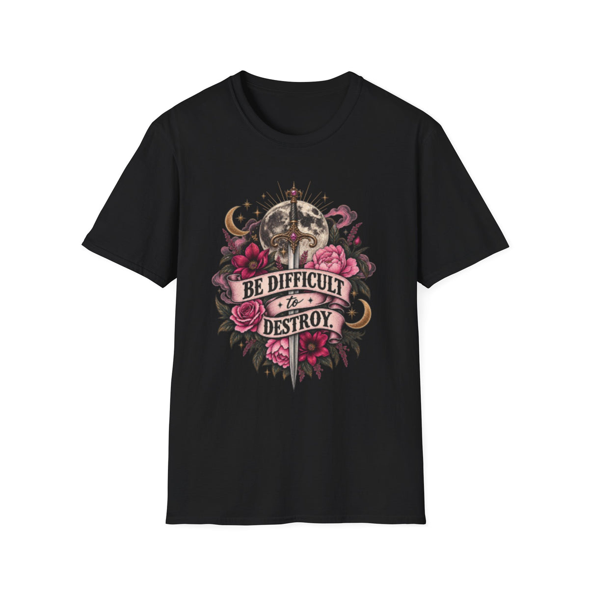 “Be Difficult to Destroy” Dagger & Moon Tee — Dark Feminist Floral Graphic