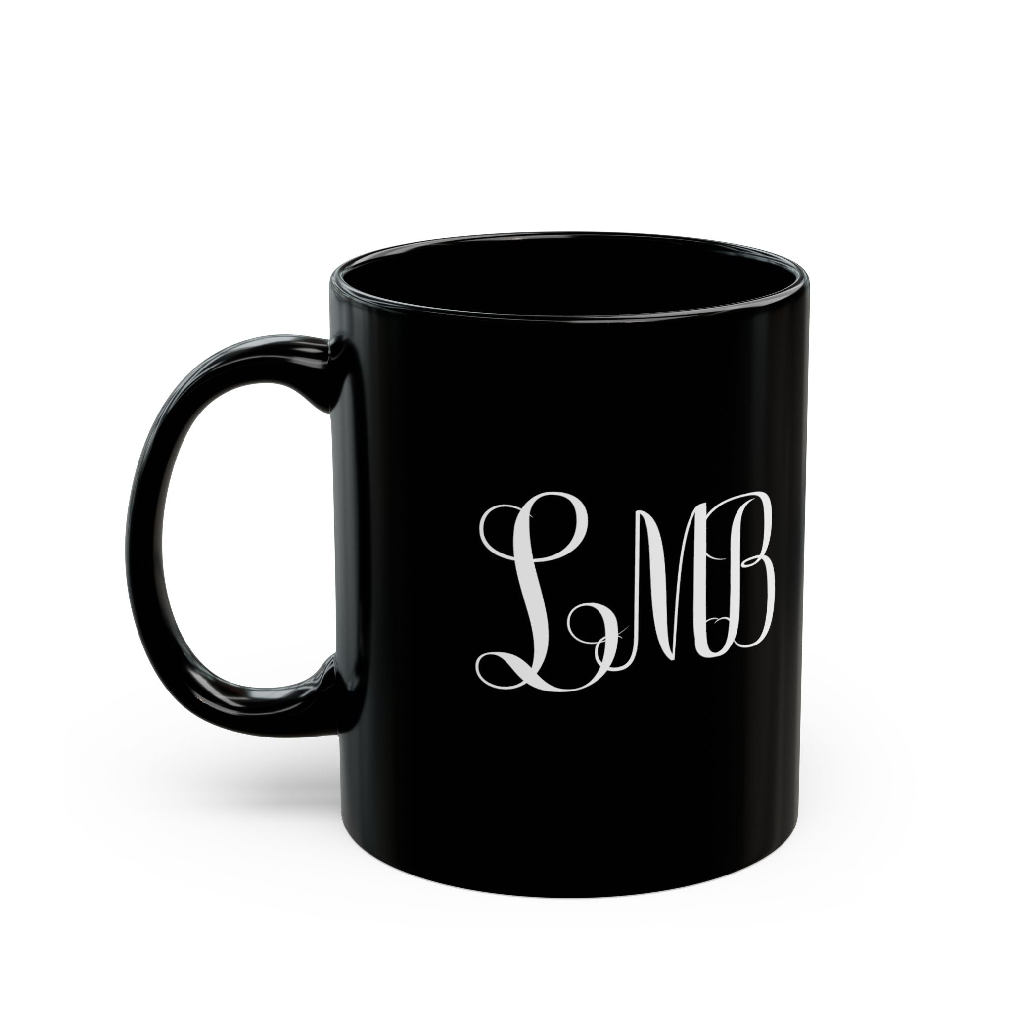 Floral Monogram Black Mug — Personalized Pink Poinsettia Coffee Cup