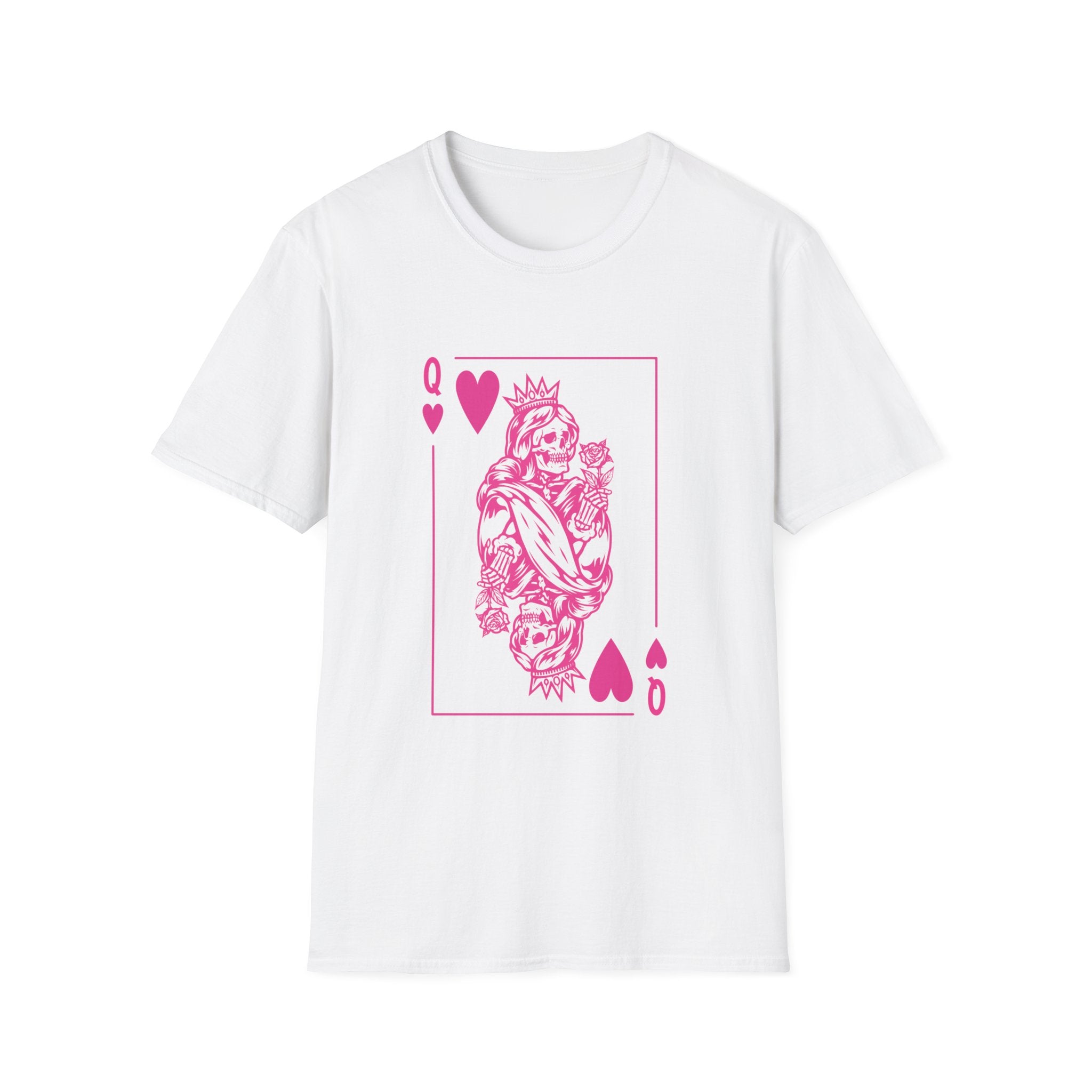 Queen of Hearts Playing Card T-Shirt — Pink Floral Illustration