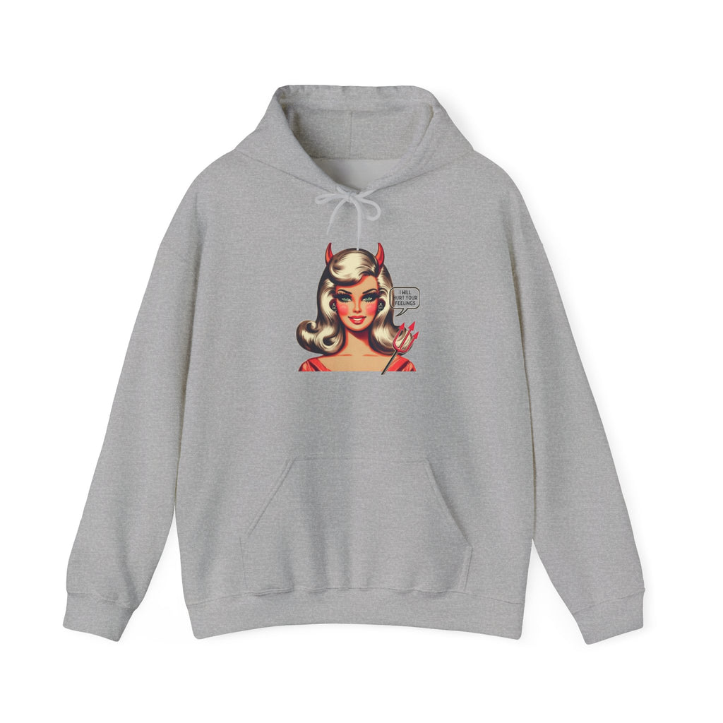 Gray hoodie with a graphic of a doll with devil horns and a pitchfork and a thought bubble that says “I will hurt your feelings”