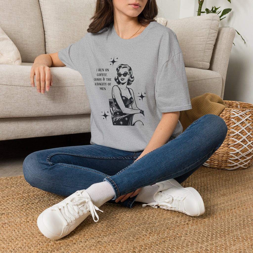 “I Run on Coffee, Chaos & The Audacity of Men” Feminist T-Shirt | Retro Pin-Up Graphic Tee