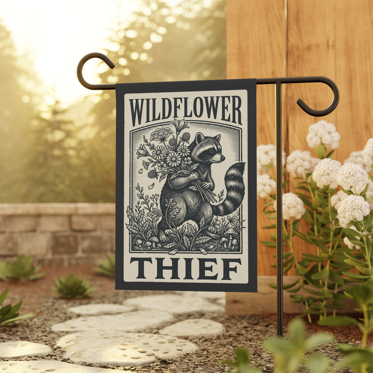 Wildflower Thief Raccoon Garden Flag- Funny Cottage core Yard Decor.
