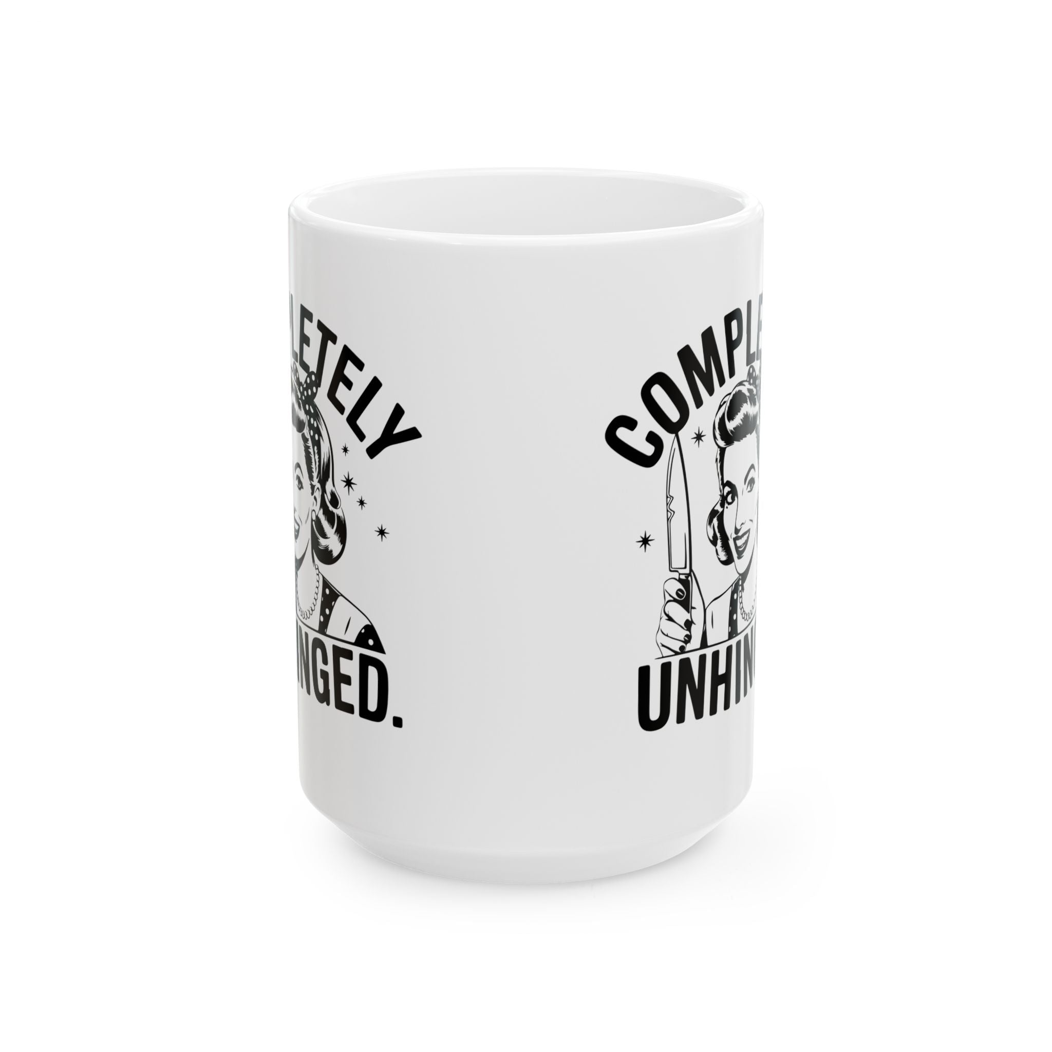 Ceramic Mug — "Completely Unhinged" Funny Retro Skull Knife Design (11oz, 15oz)