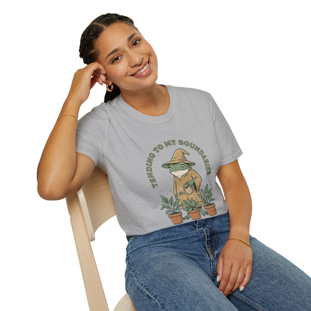 Tending to My Boundaries T-Shirt | Funny Wizard Frog Gardener Shirt | Do Not Touch The Vibes Tee