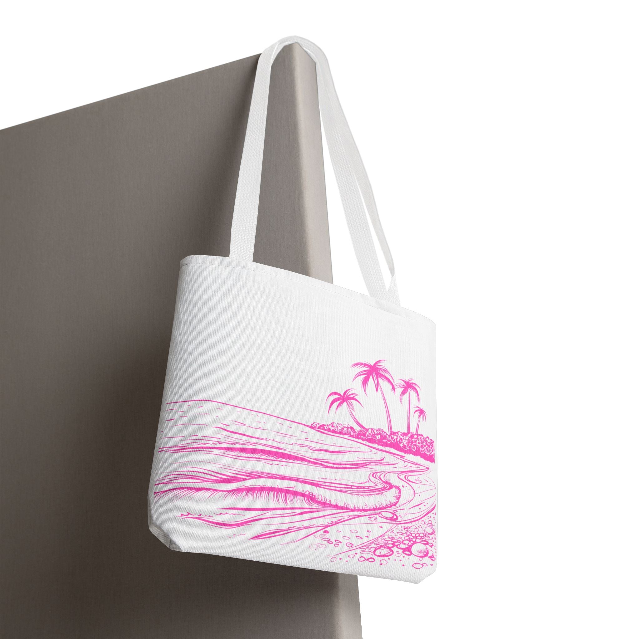 Pink Palm Beach Tote Bag — Tropical Beach Scene All-Over Print
