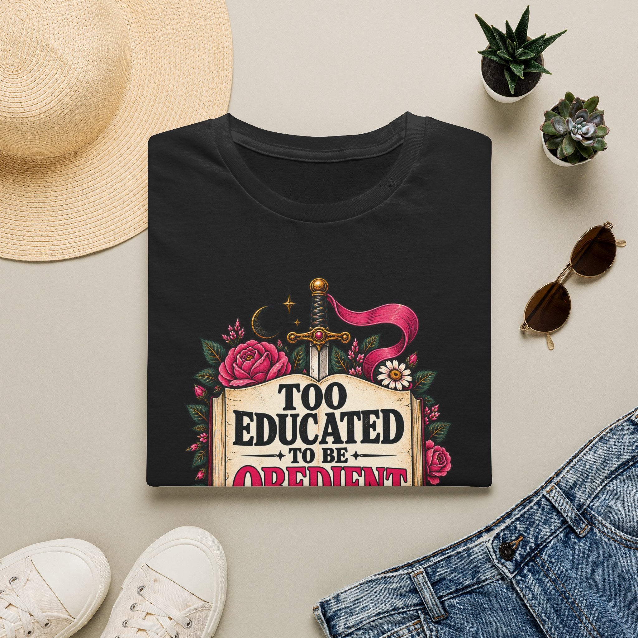 “Too Educated to Be Obedient” Feminist Floral Sword Graphic Tee