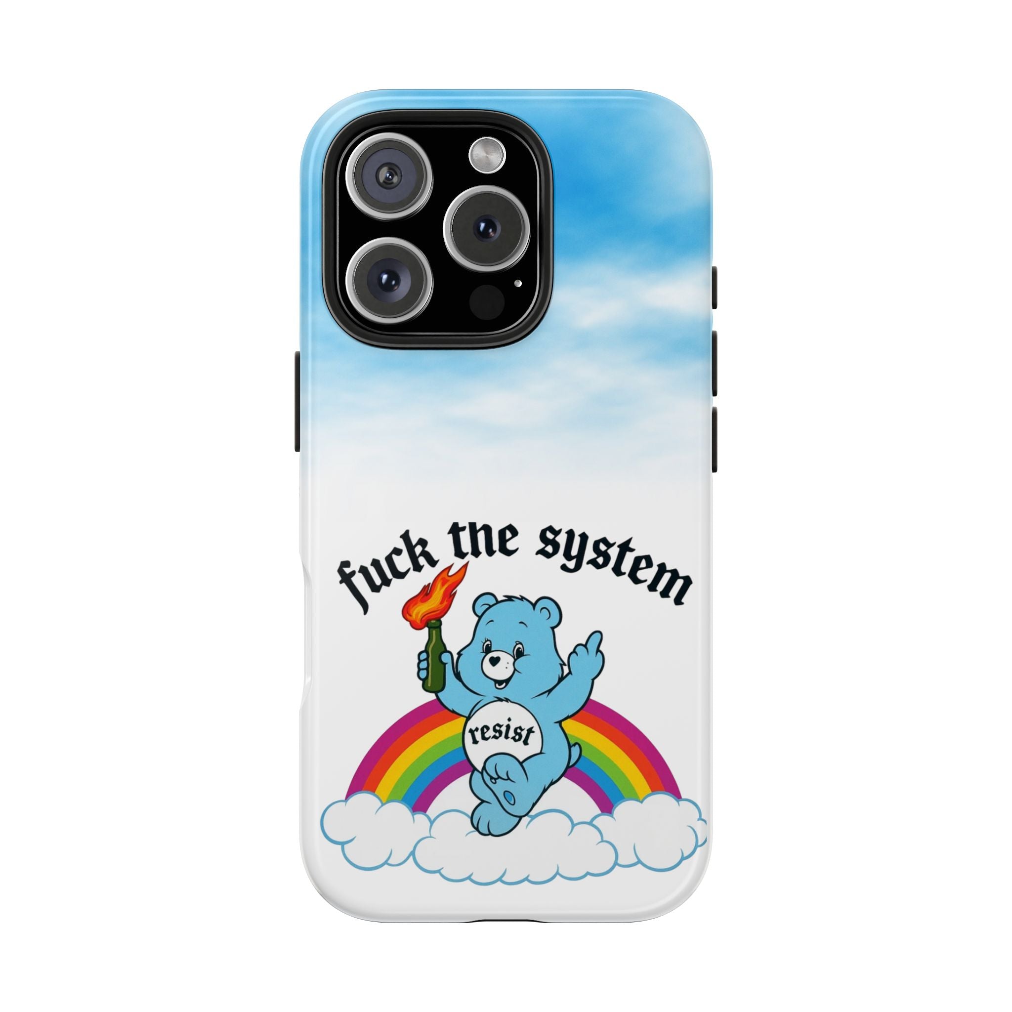 Rebel Bear Tough Phone Case — “Fuck the System” Rainbow Design