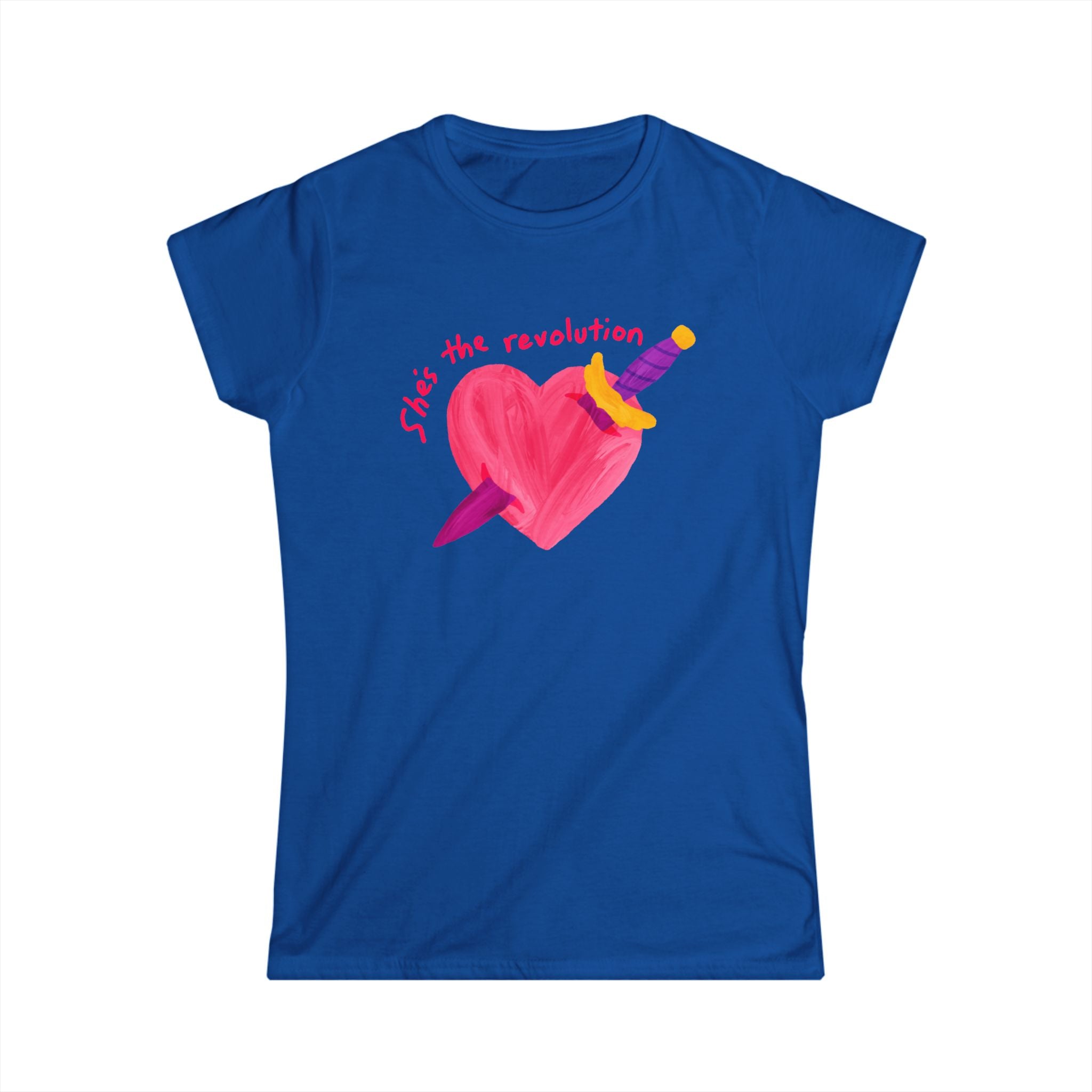 Women’s feminist blue t-shirt with a pink heart and sword graphic and red text that reads “she’s the revolution”