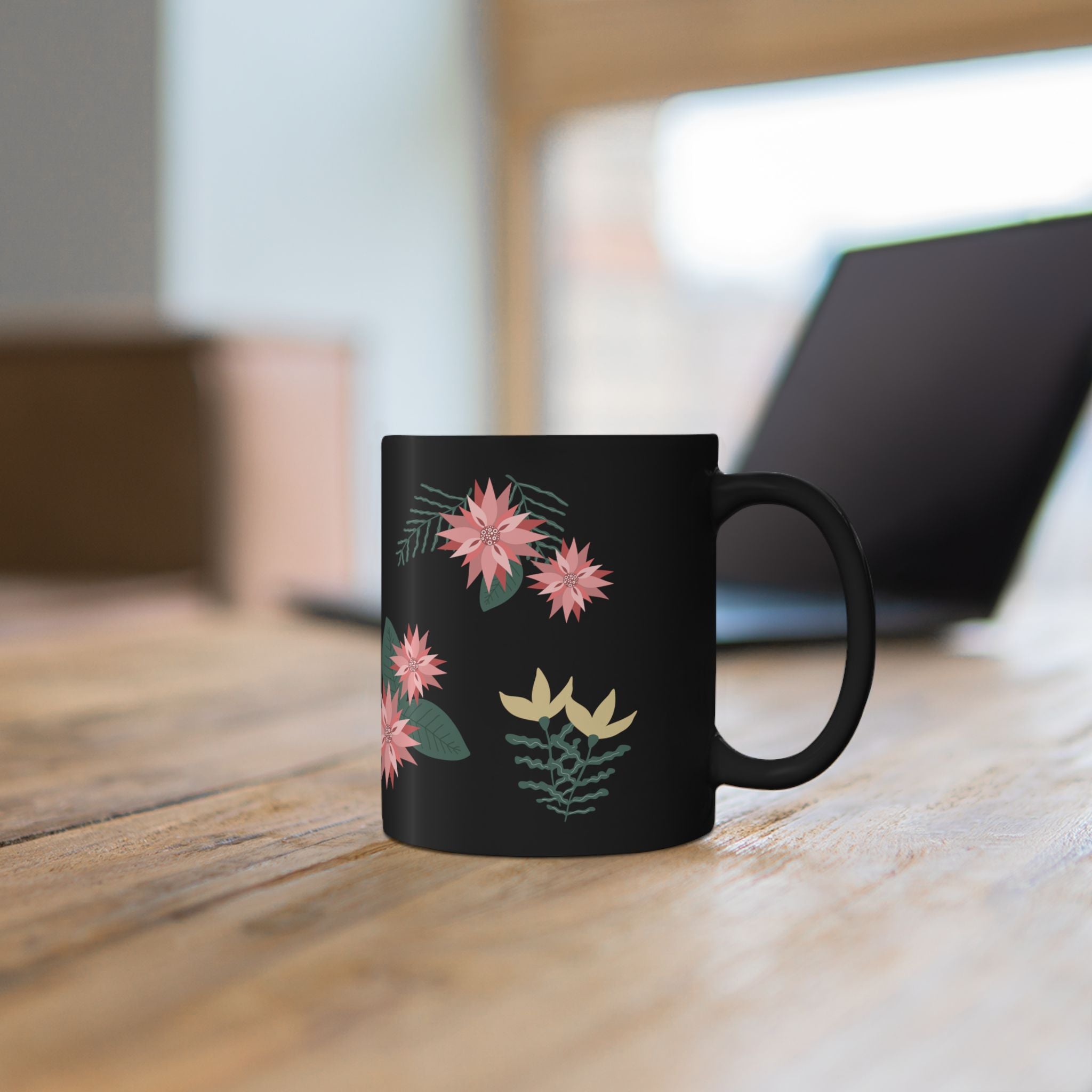 Floral Monogram Black Mug — Personalized Pink Poinsettia Coffee Cup