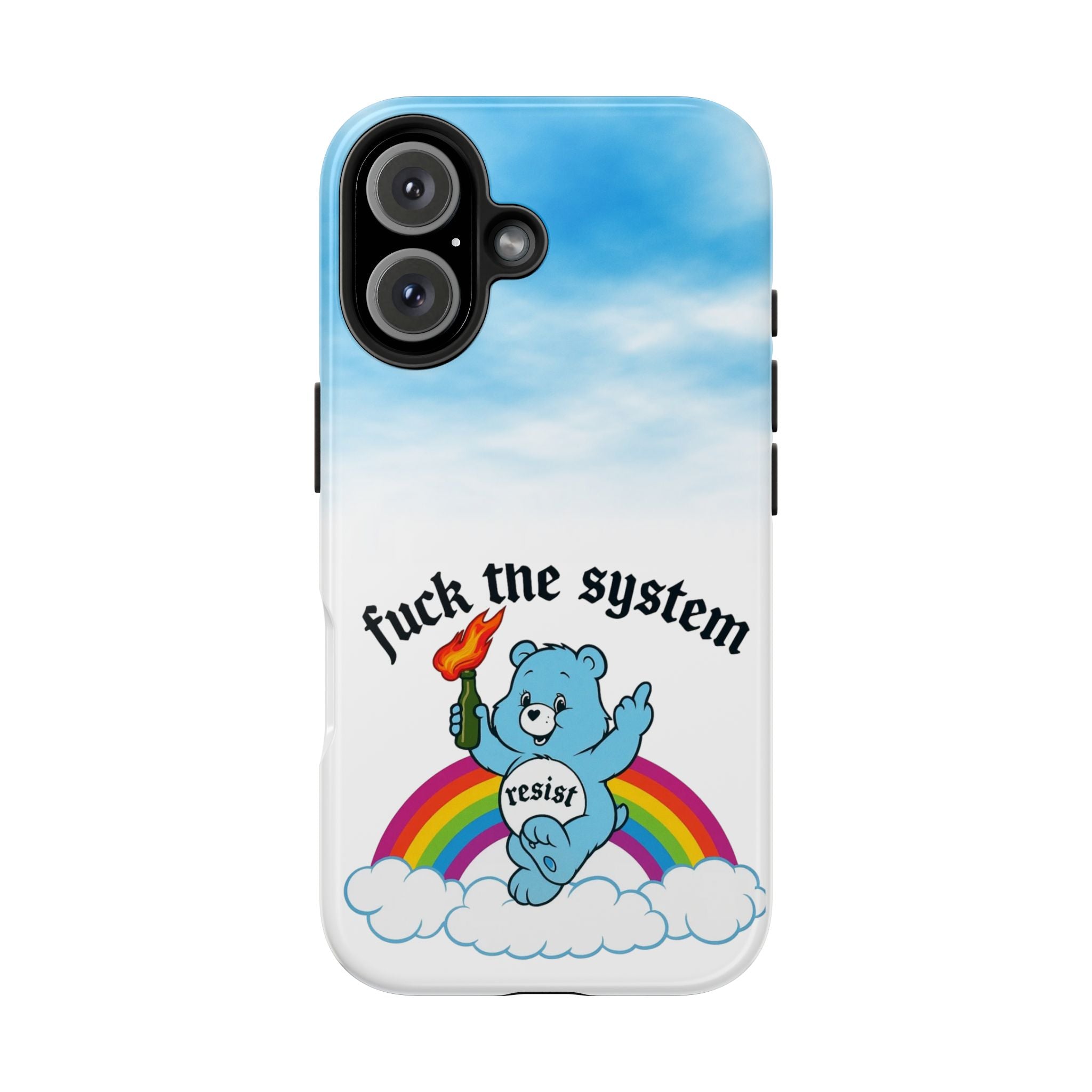 Rebel Bear Tough Phone Case — “Fuck the System” Rainbow Design