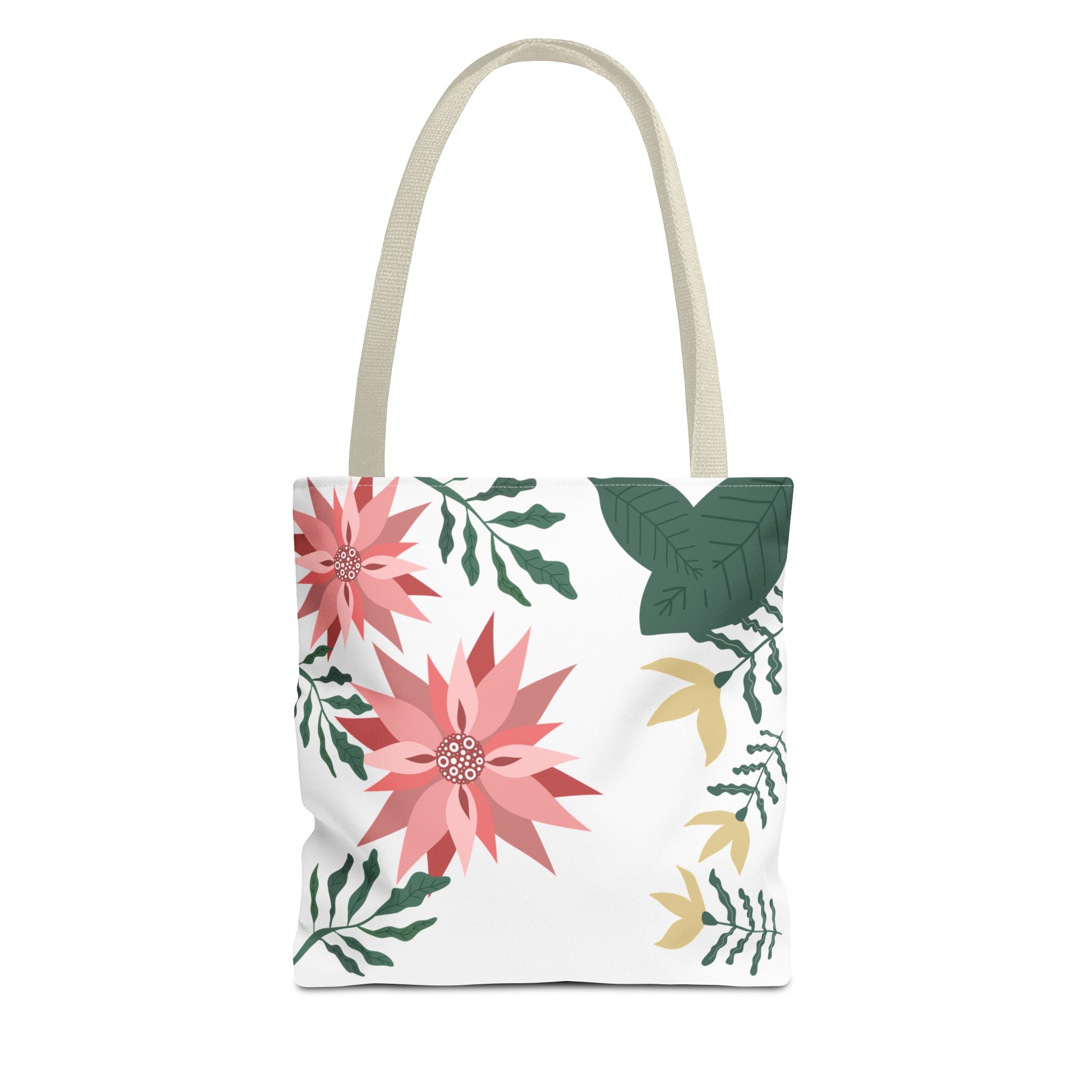 Floral Poinsettia Tote Bag — Pink Holiday Botanical All-Over Print