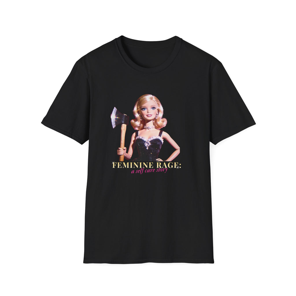 Feminist Black t-shirt with a graphic of a Barbie holding an axe and 'Feminine Rage’ text