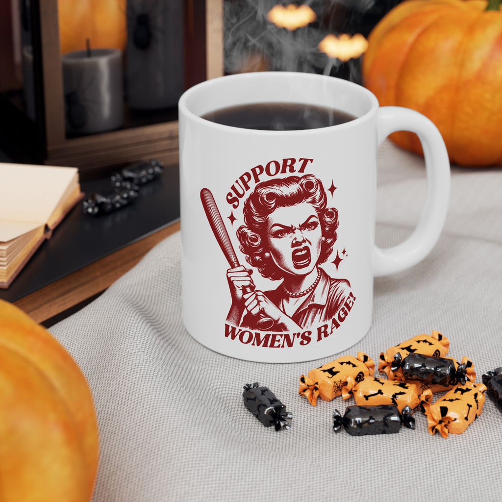 Support Women's Rage Mug — Feminist Retro Baseball Bat Coffee Cup