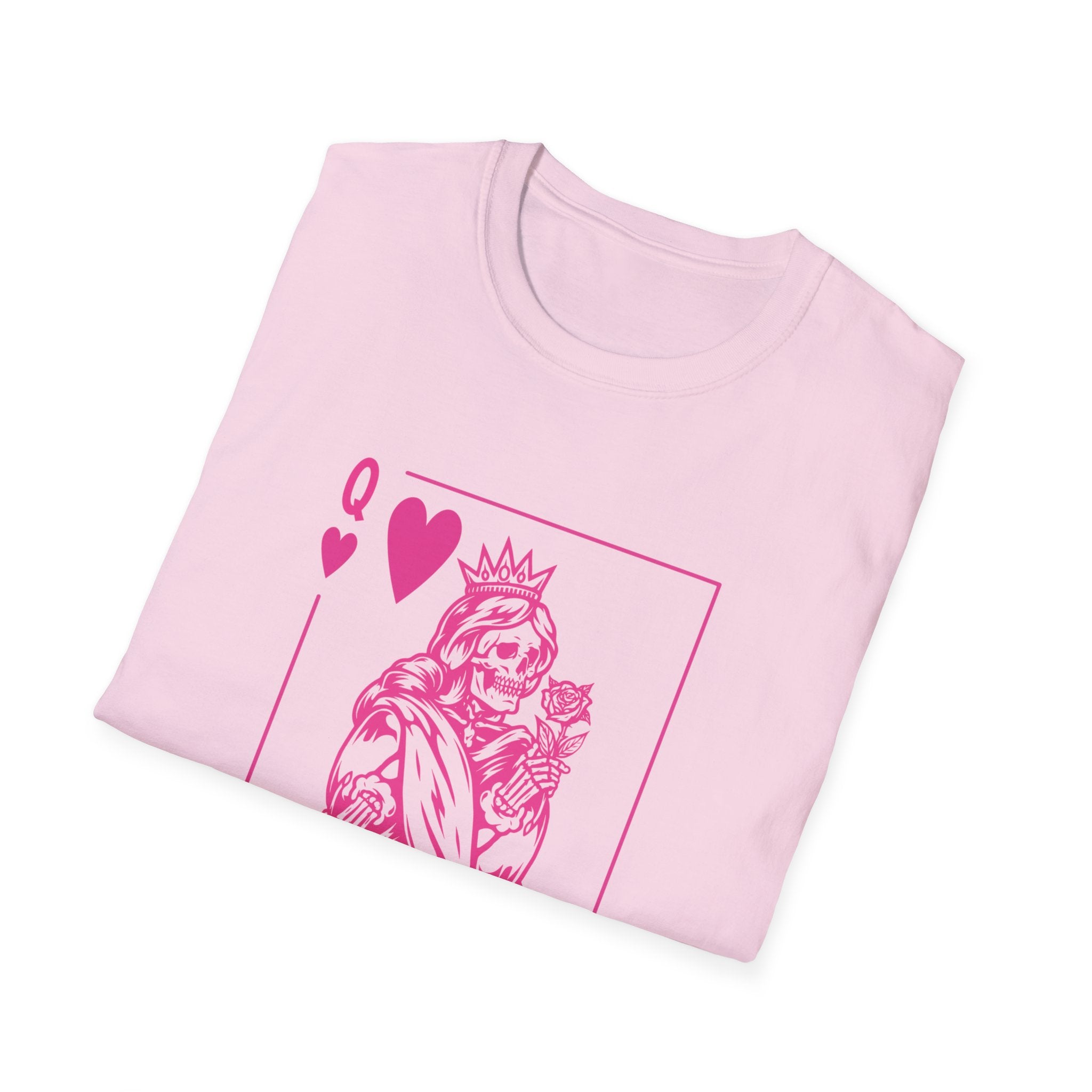 Queen of Hearts Playing Card T-Shirt — Pink Floral Illustration