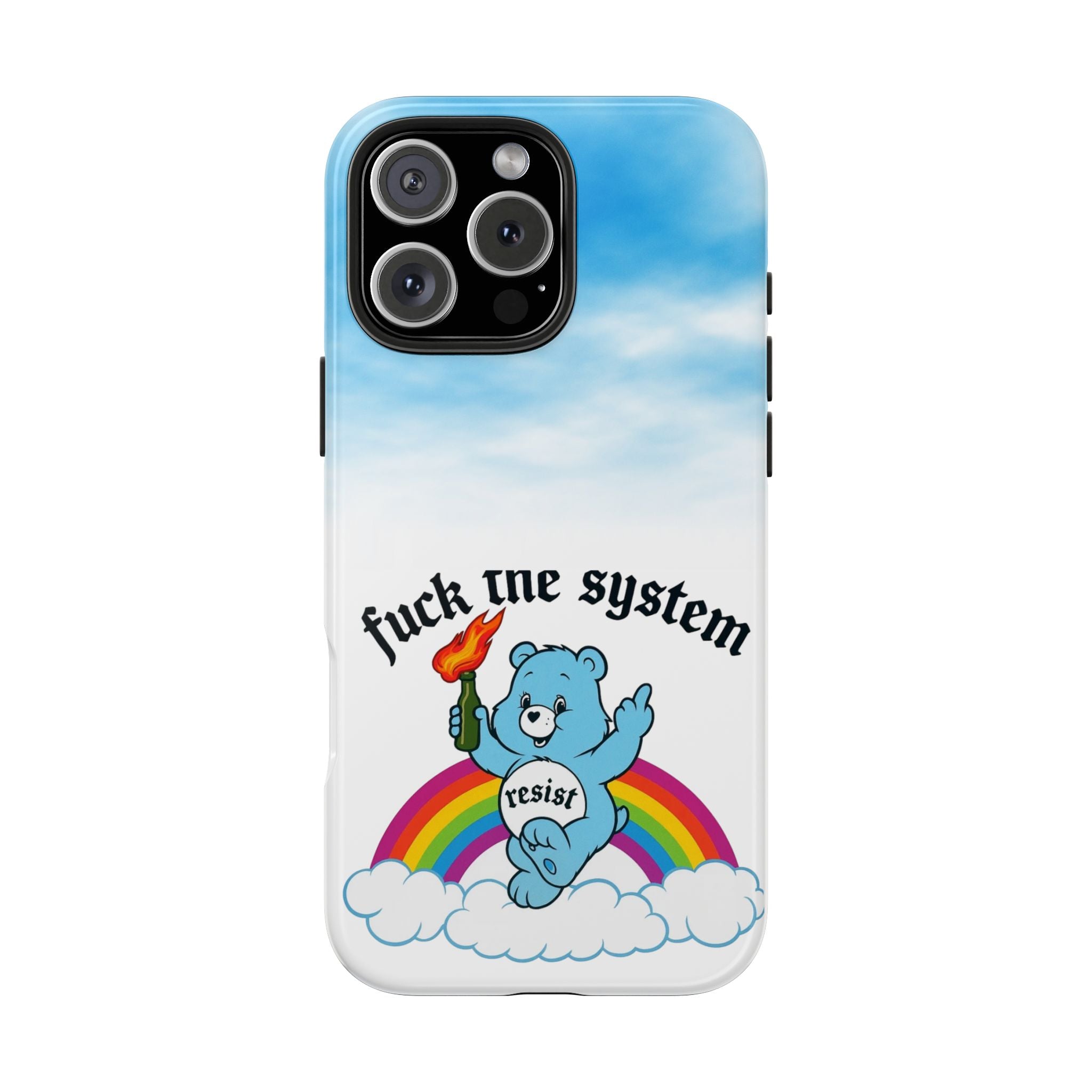 Rebel Bear Tough Phone Case — “Fuck the System” Rainbow Design