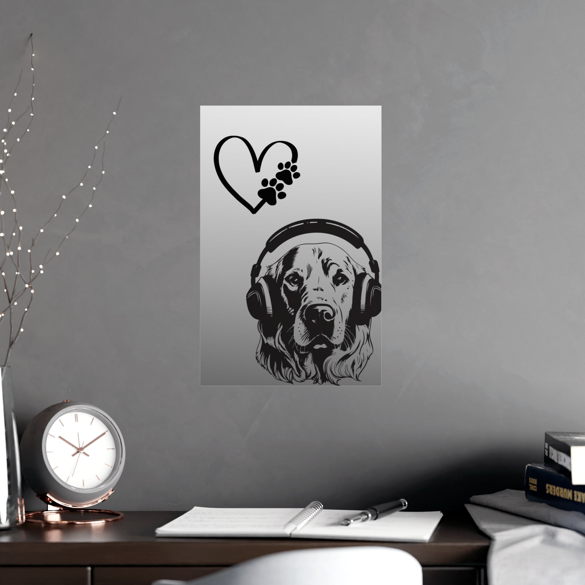 Dog Headphones Matte Poster — Paw Heart Wall Art (Vertical & Horizontal)