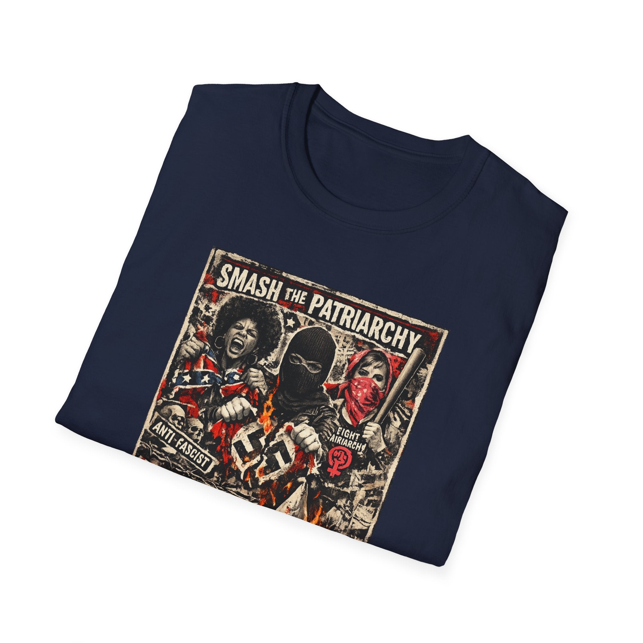 Bold anti-fascist feminist graphic t-shirt with distressed protest poster artwork. Three women in resistance poses destroying hate symbols in flames. Text reads “Smash the Patriarchy — Destroy Hate — No More Racism, No More Misogyny.” Punk feminist shirt, anti-racism tee, women’s resistance graphic shirt, activist gift.