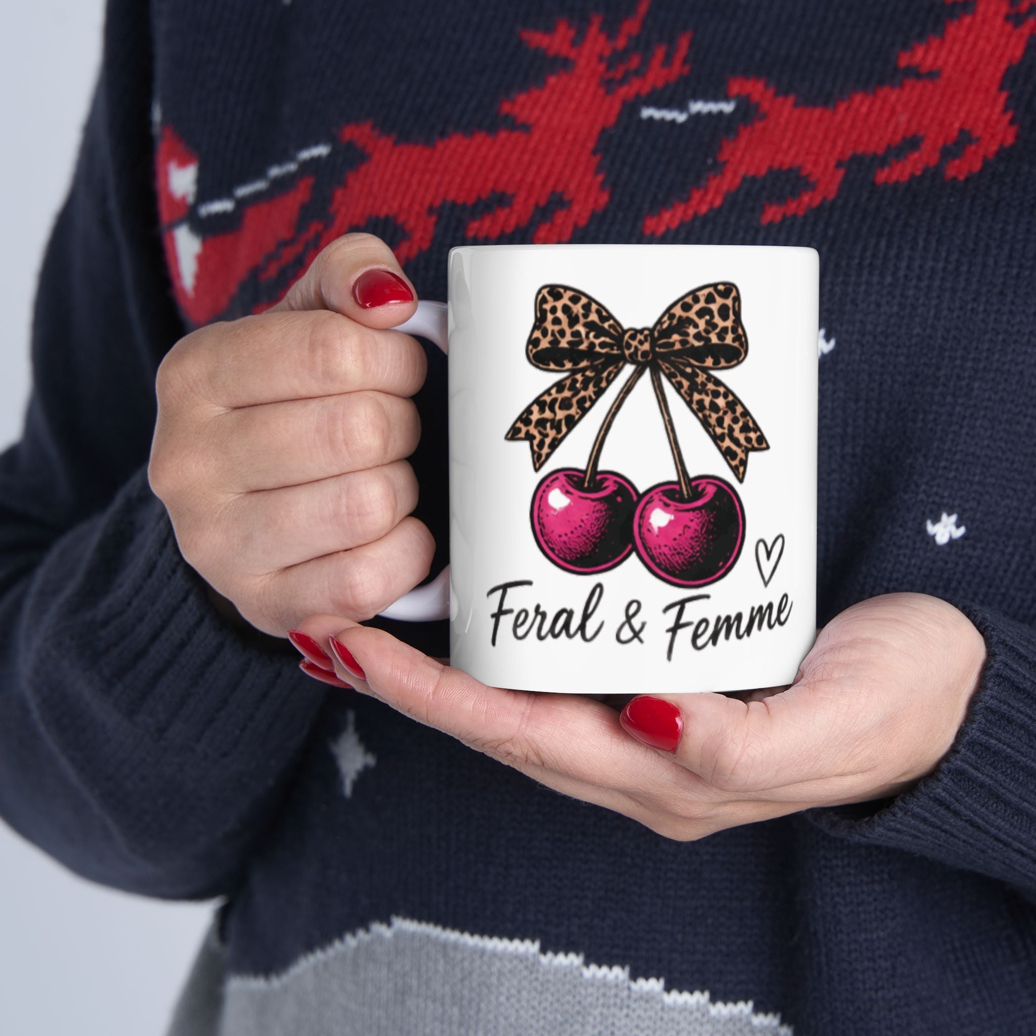 “Feral & Femme” Leopard Bow Cherry Mug | Feminist Coffee Mug