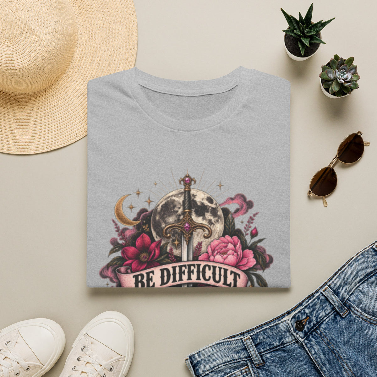 “Be Difficult to Destroy” Dagger & Moon Tee — Dark Feminist Floral Graphic