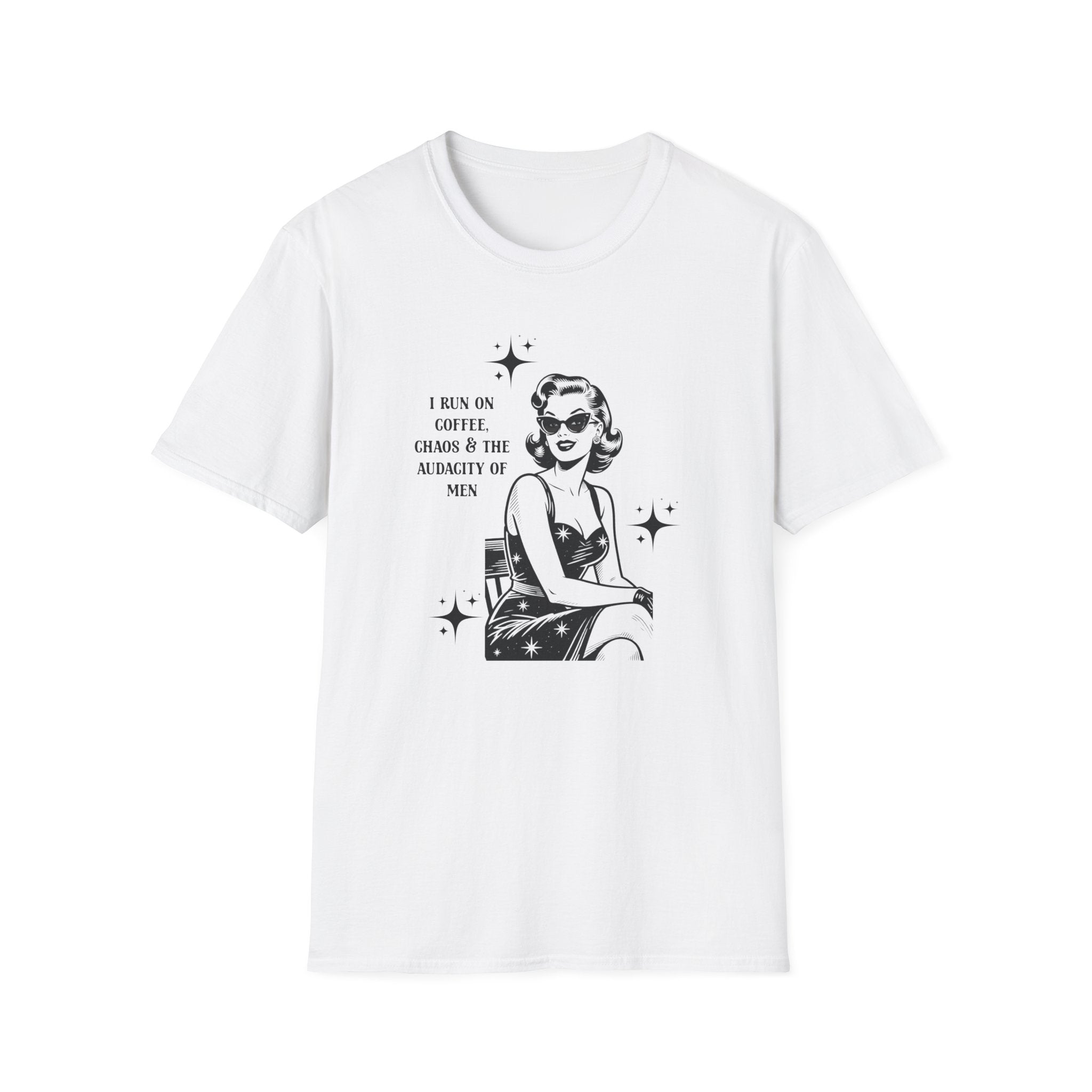 “I Run on Coffee, Chaos & The Audacity of Men” Feminist T-Shirt | Retro Pin-Up Graphic Tee