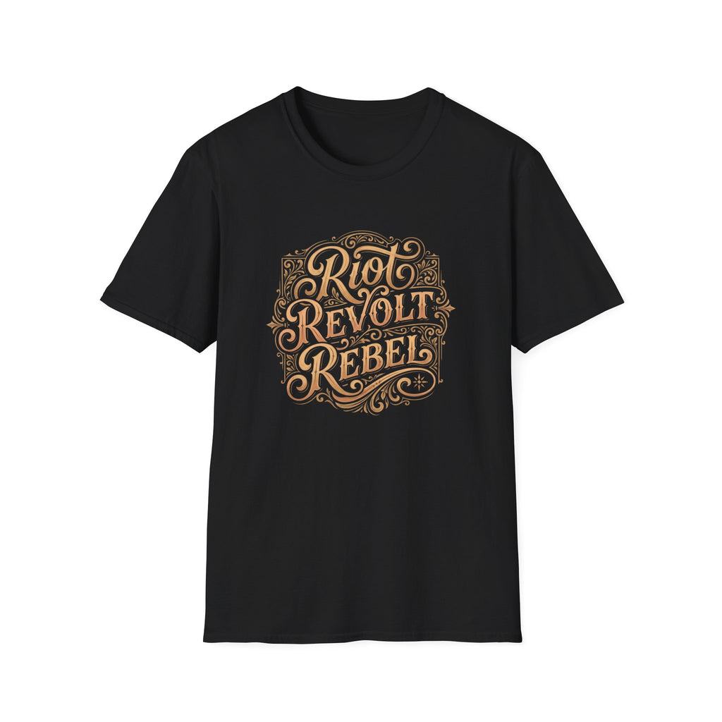 Riot Revolt Rebel Shirt — Vintage Gold Ornate Feminist Graphic Tee | Women’s Empowerment Statement T-Shirt