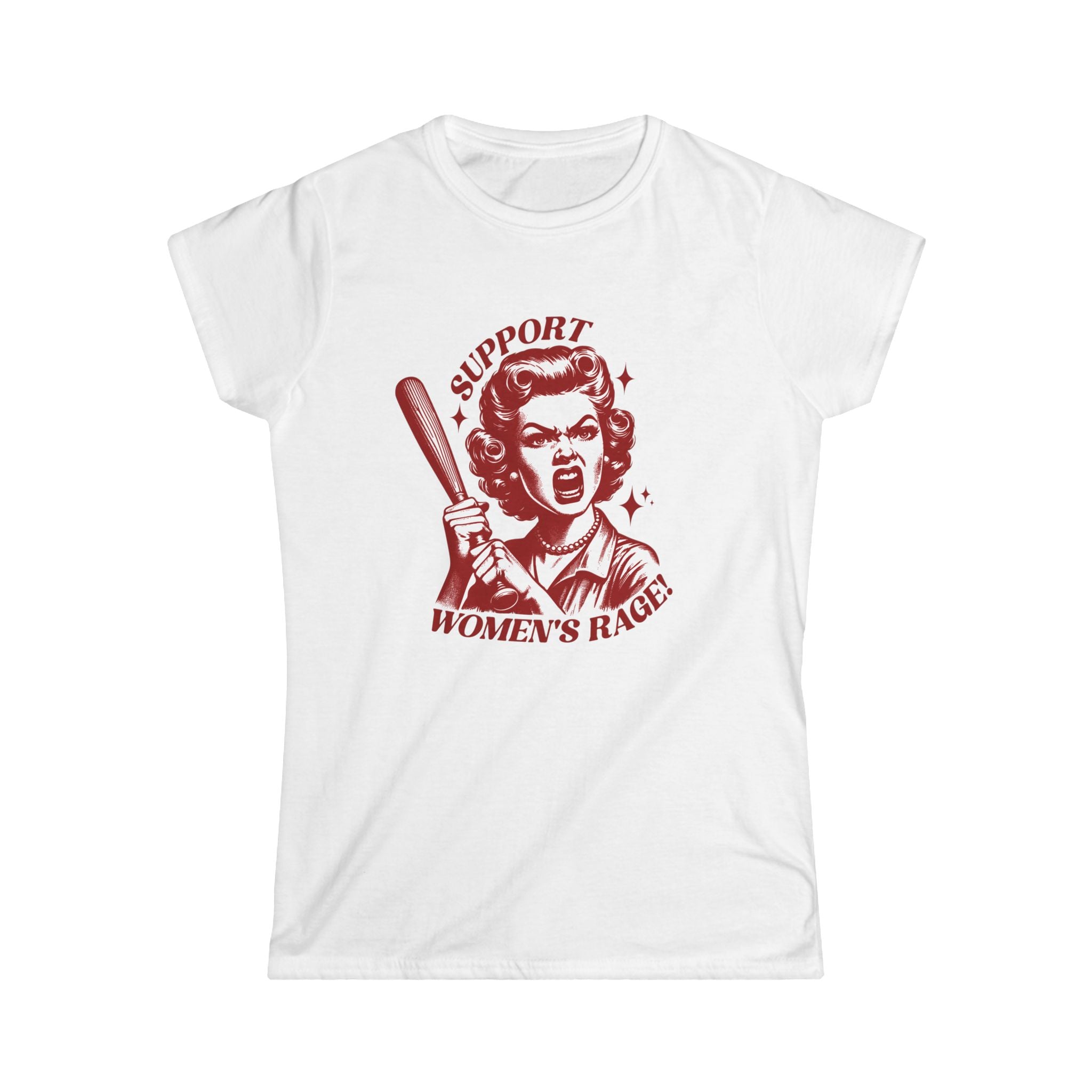 Support Women’s Rage Vintage Retro Feminist T-Shirt with Baseball Bat Graphic | Women’s Rage Shirt | Funny Feminist Tee | 1950s Housewife Angry Woman Graphic Tee | White T shirt