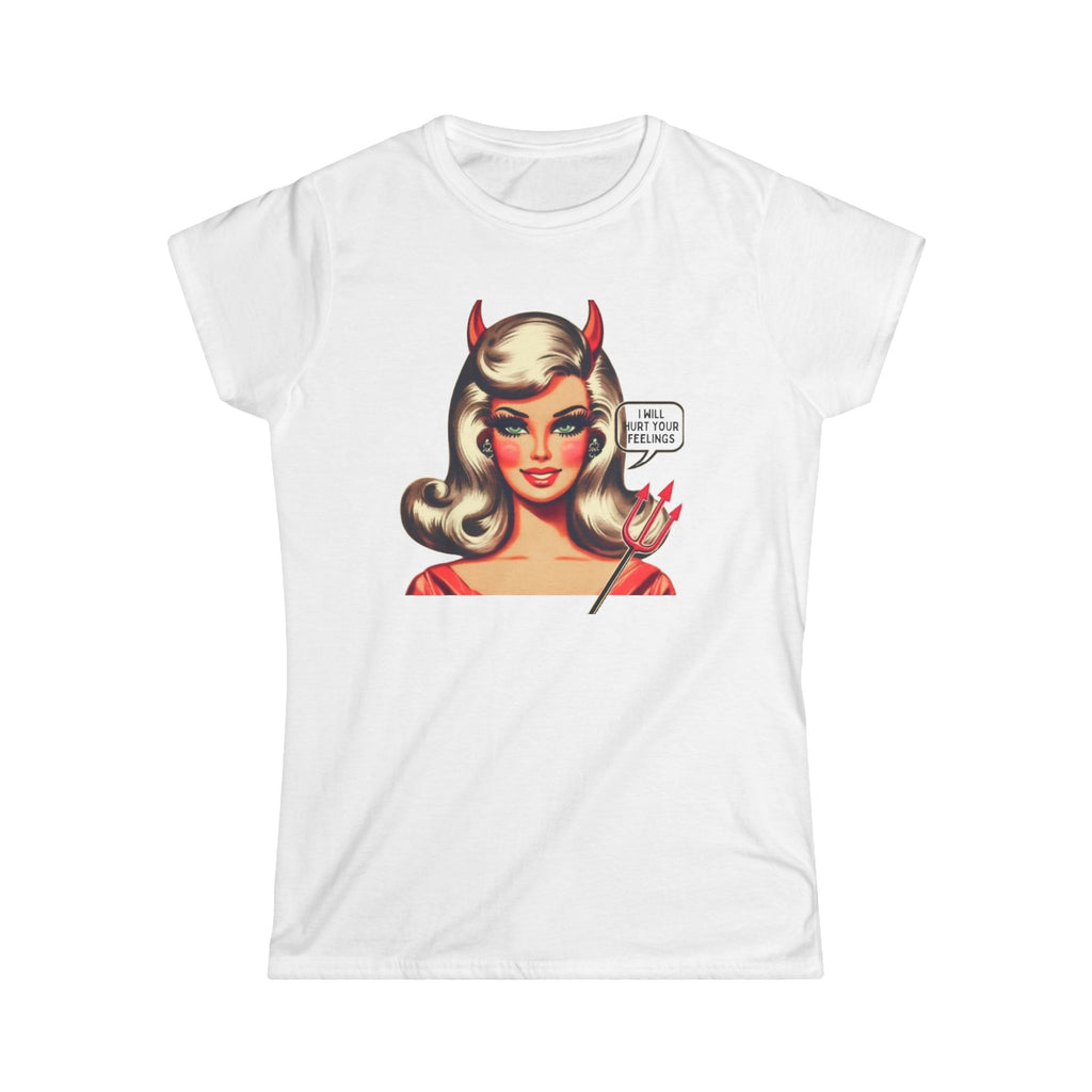 Women’s white graphic tee with barbie’s head with horns and a pitchfork and a small thought bubble next to her head that reads “I will hurt your feelings” feminist, Barbie shirt