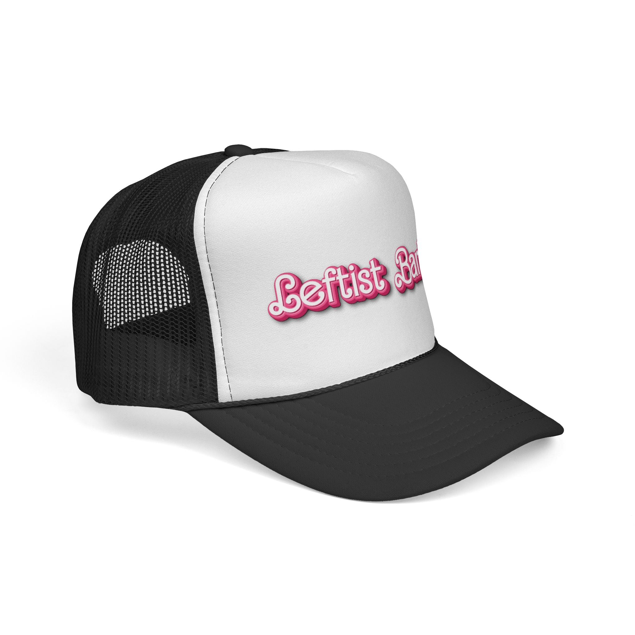 Leftist Barbie Trucker Cap — Pink Retro Script Political Mesh Hat