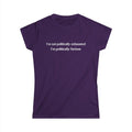 Purple feminist t-shirt with bold text reading I’m Not Politically Exhausted I’m Politically Furious