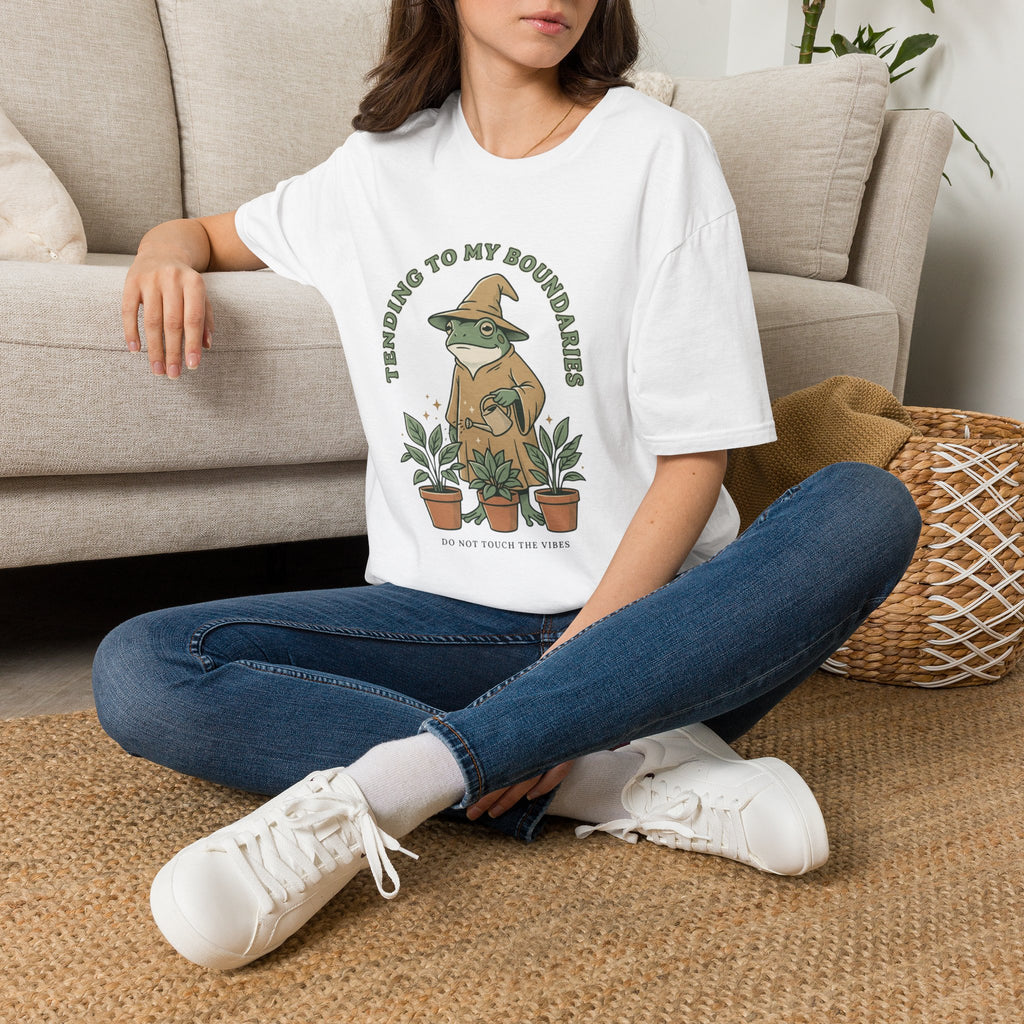 Tending to My Boundaries T-Shirt | Funny Wizard Frog Gardener Shirt | Do Not Touch The Vibes Tee