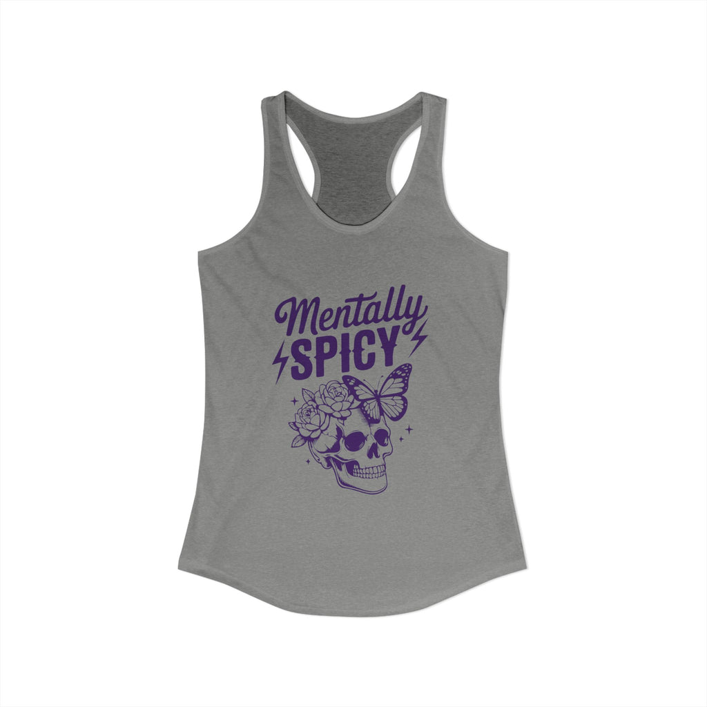Women’s gray tank top with purple skull and butterfly graphic design and text that says “mentally spicy”