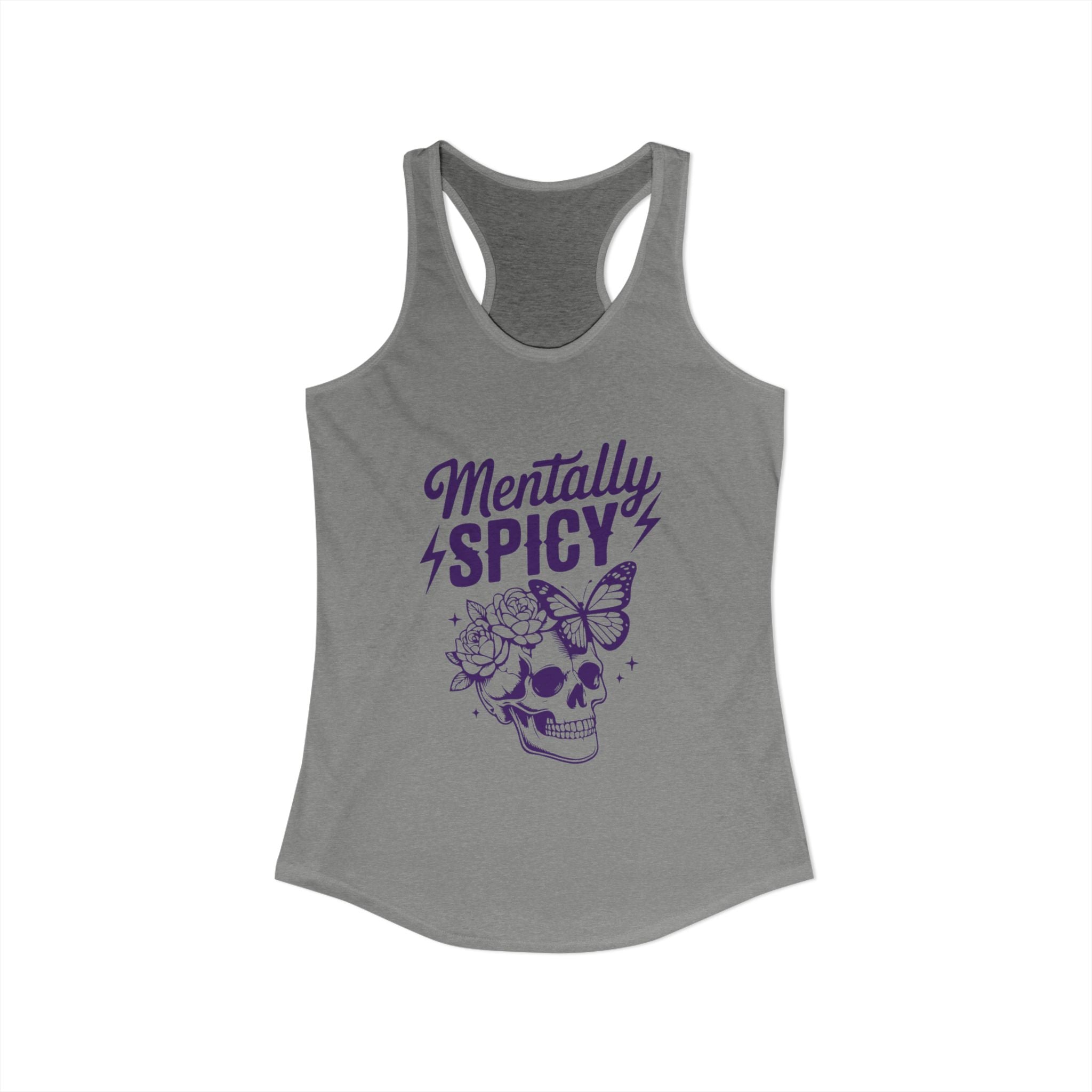 Women’s gray tank top with purple skull and butterfly graphic design and text that says “mentally spicy”