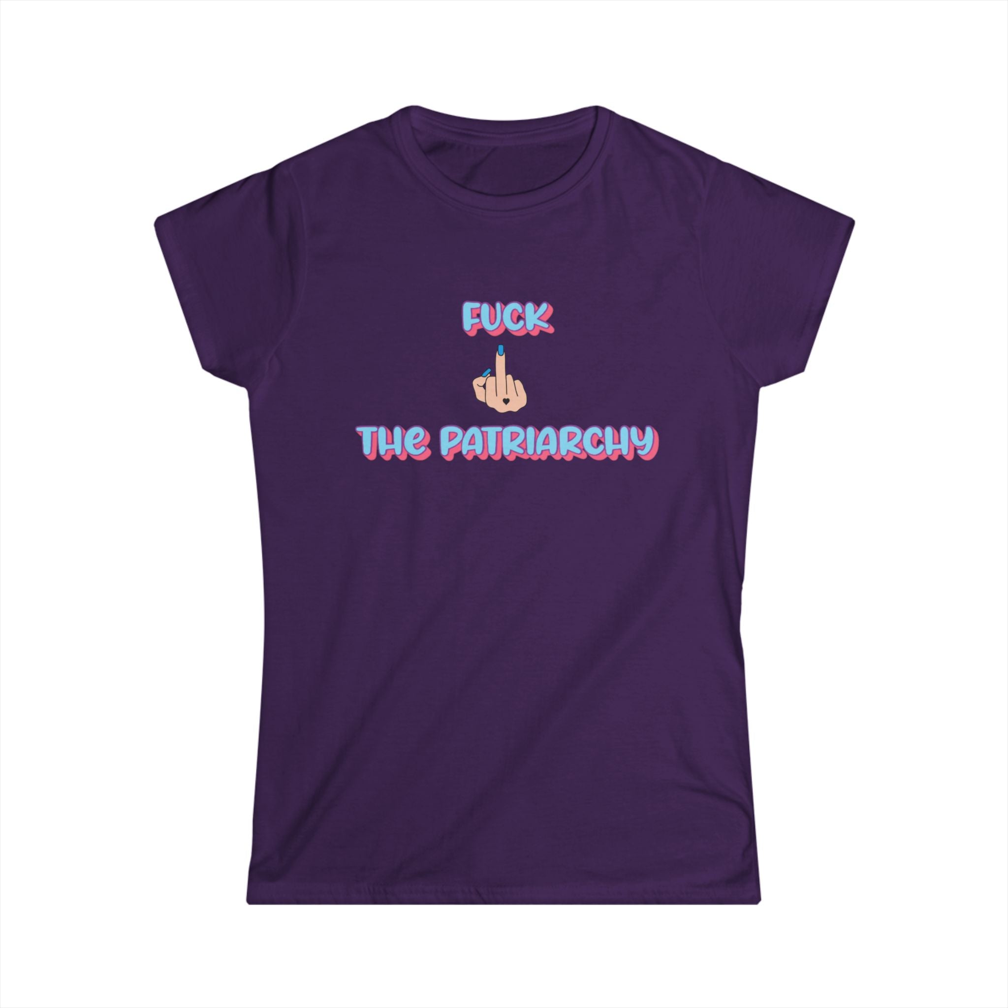 Women’s dark purple tee with “F*ck The Patriarchy” printed in pink and blue gradient bubble letters with an illustrated middle finger graphic between the words, modeled by a woman seated casually in jeans.