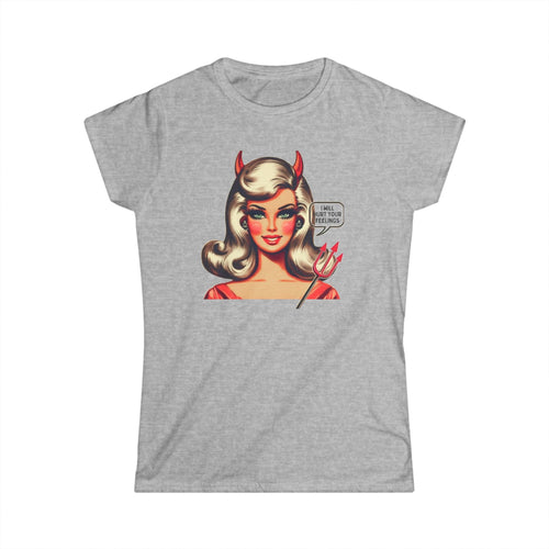Women’s light gray graphic tee with barbie’s head with horns and a pitchfork and a small thought bubble next to her head that reads “I will hurt your feelings” feminist, Barbie shirt 