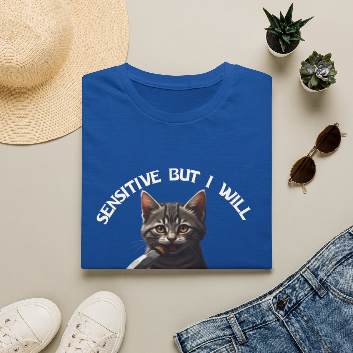 Women's Tee — "Sensitive But I Will Stab You" Cute Cat Graphic