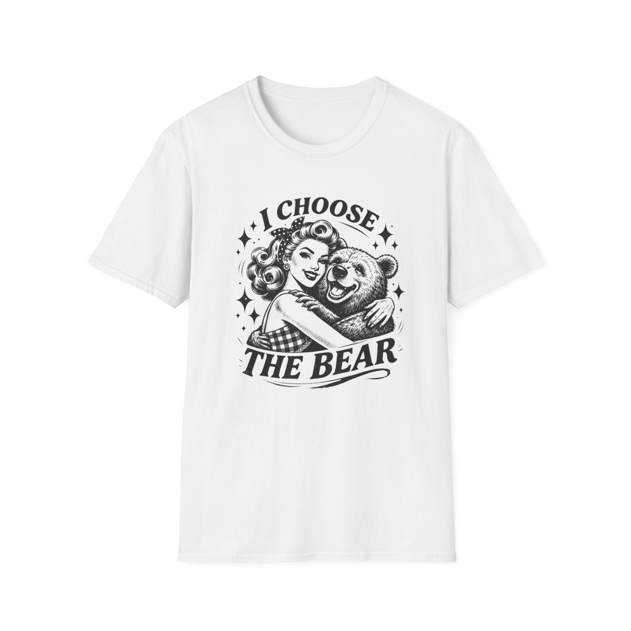 Feminist White t-shirt with graphic design and text 'I Choose The Bear' on a white background