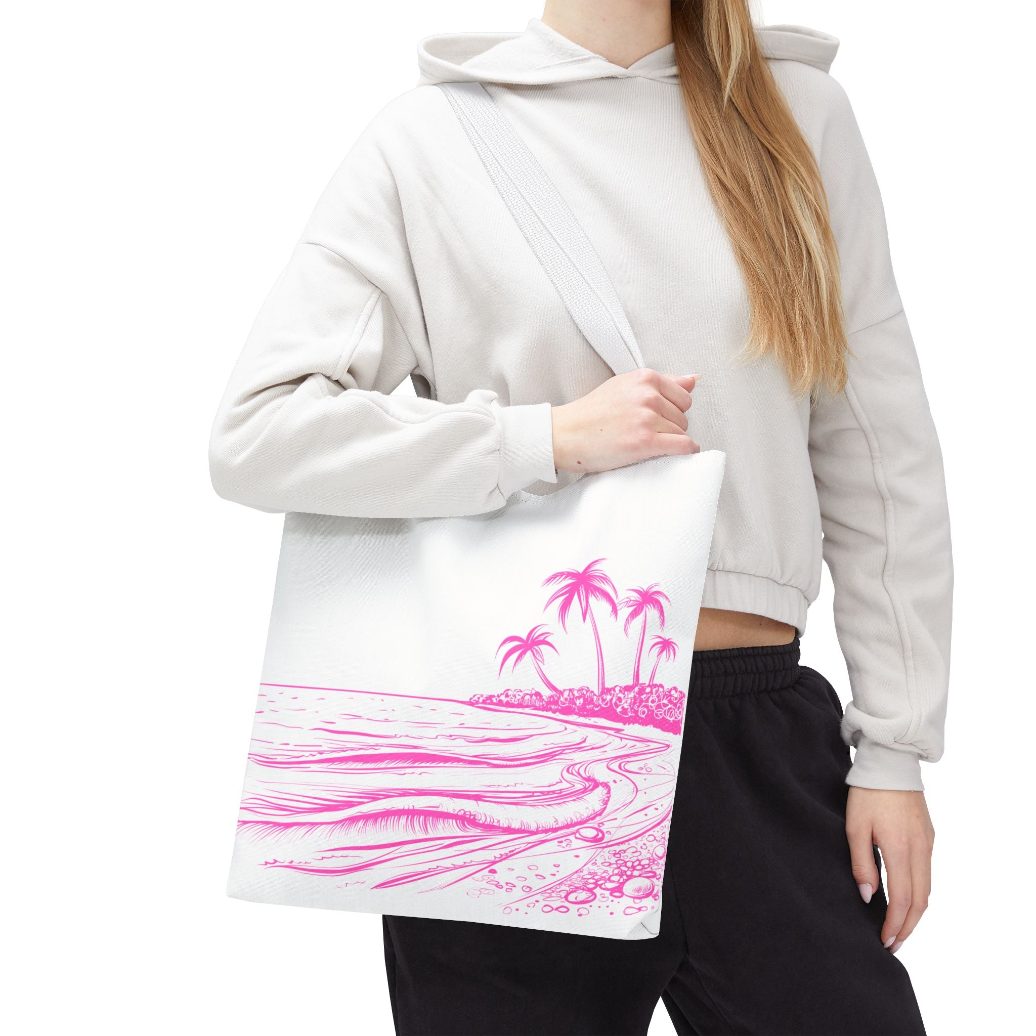Pink Palm Beach Tote Bag — Tropical Beach Scene All-Over Print