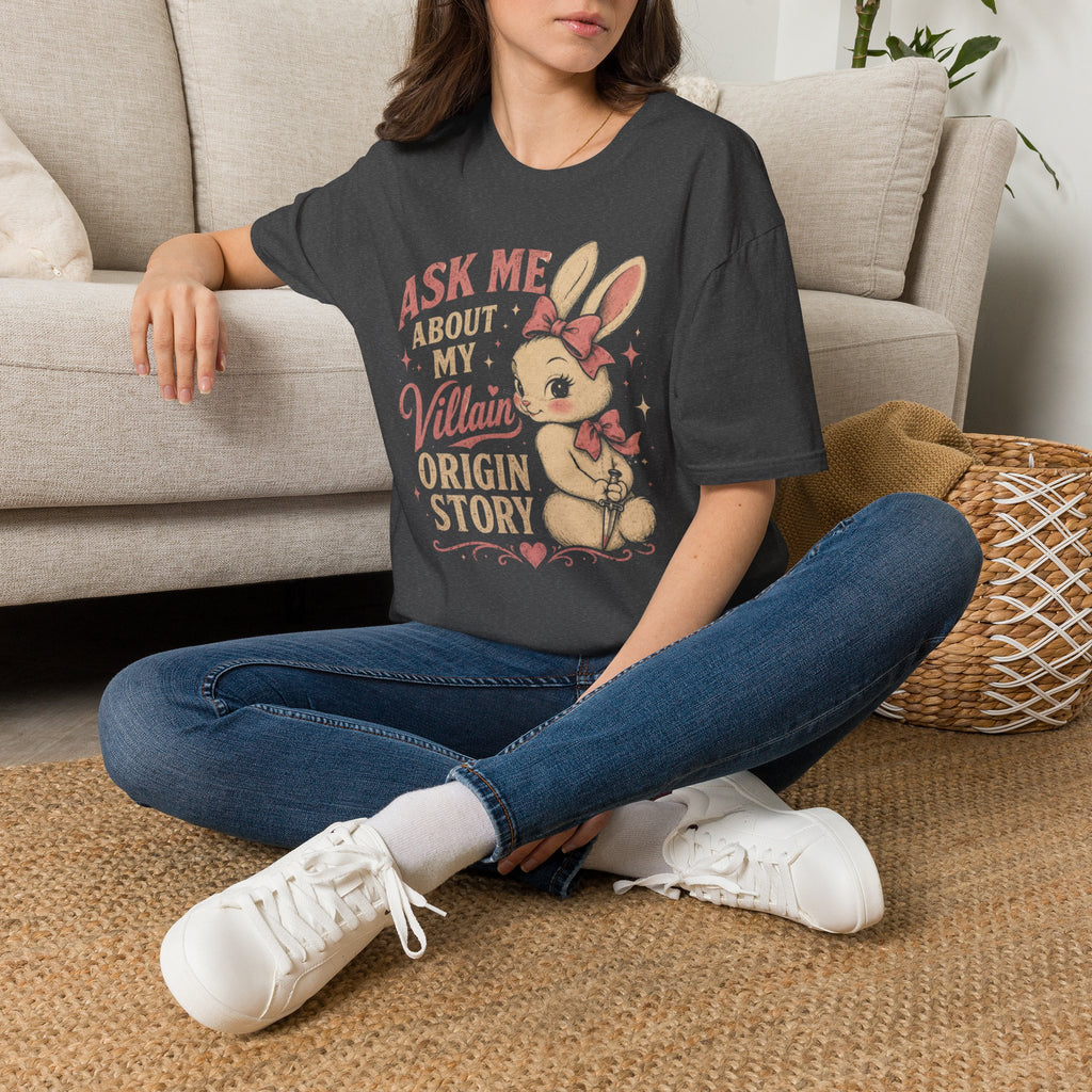 Ask Me About My Villain Origin Story T-Shirt | Cute Creepy Bunny Graphic Tee | Dark Feminine Funny Shirt