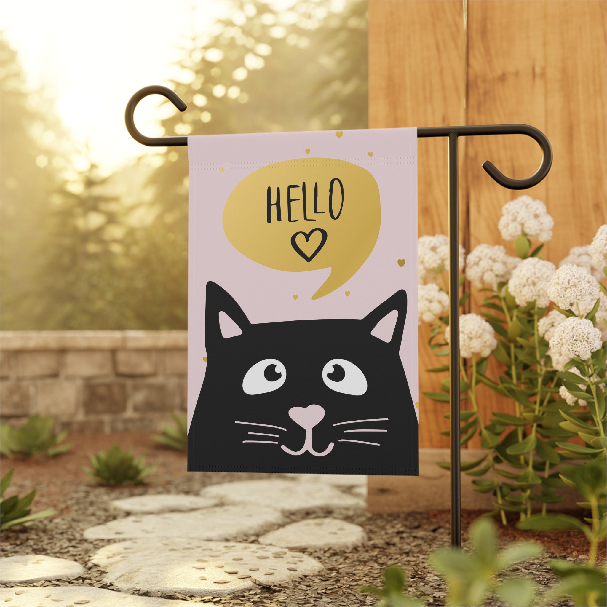 Hello Cat Garden Flag — Cute Black Cat 'Hello' Decorative Garden Banner