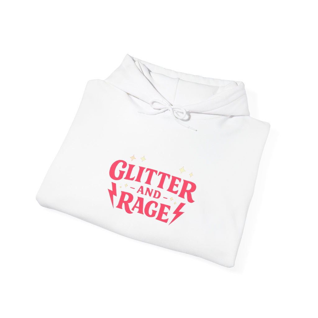 Glitter & Rage White Hoodie — Cute Pink Text Graphic Pullover