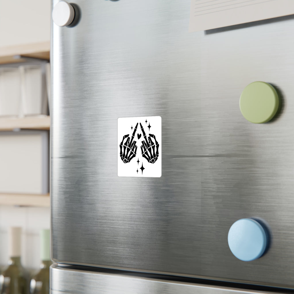 Skeleton Hands Kiss-Cut Vinyl Sticker — Middle Finger Heart Design