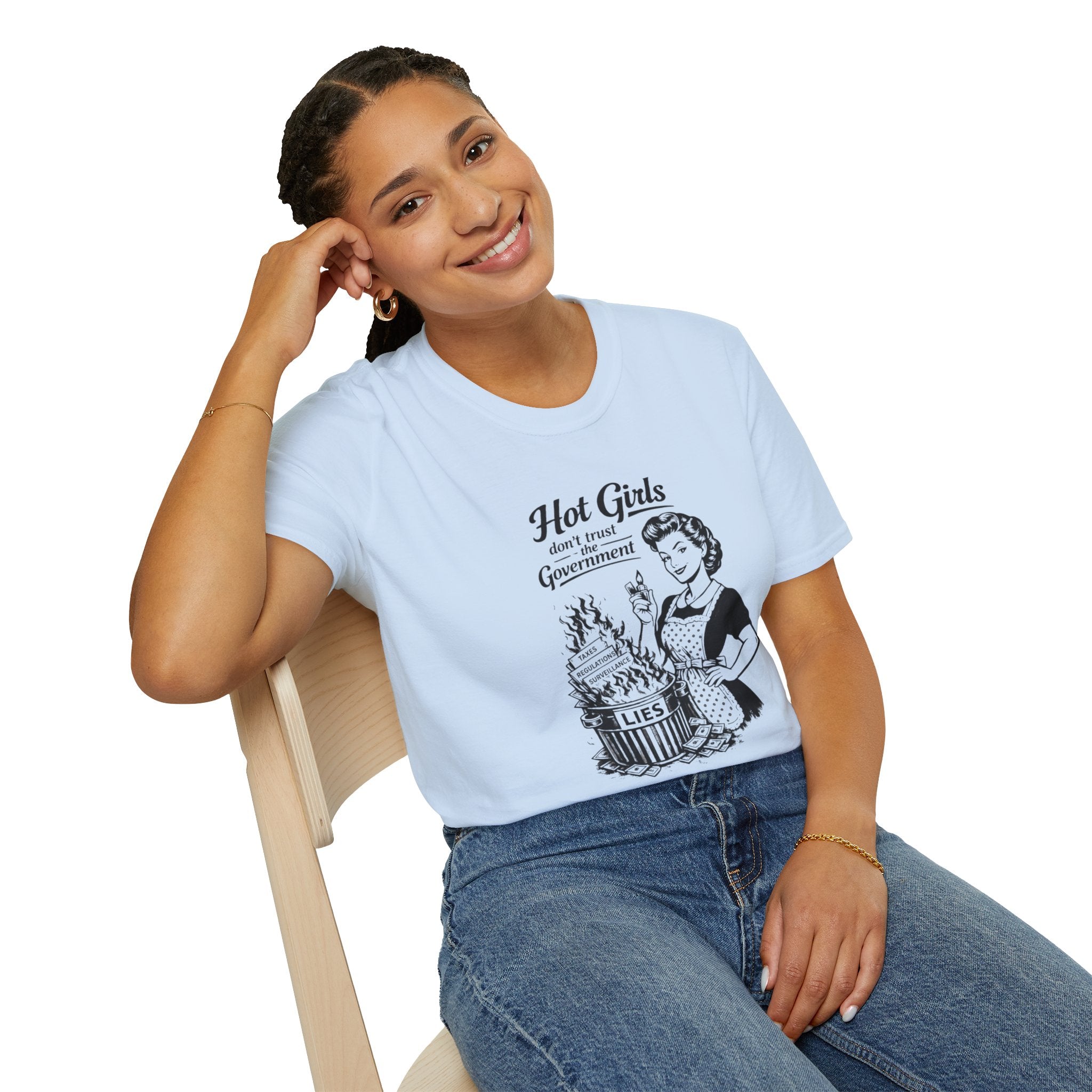 Hot Girls Don’t Trust the Government Shirt — Retro Vintage Housewife Feminist Graphic Tee