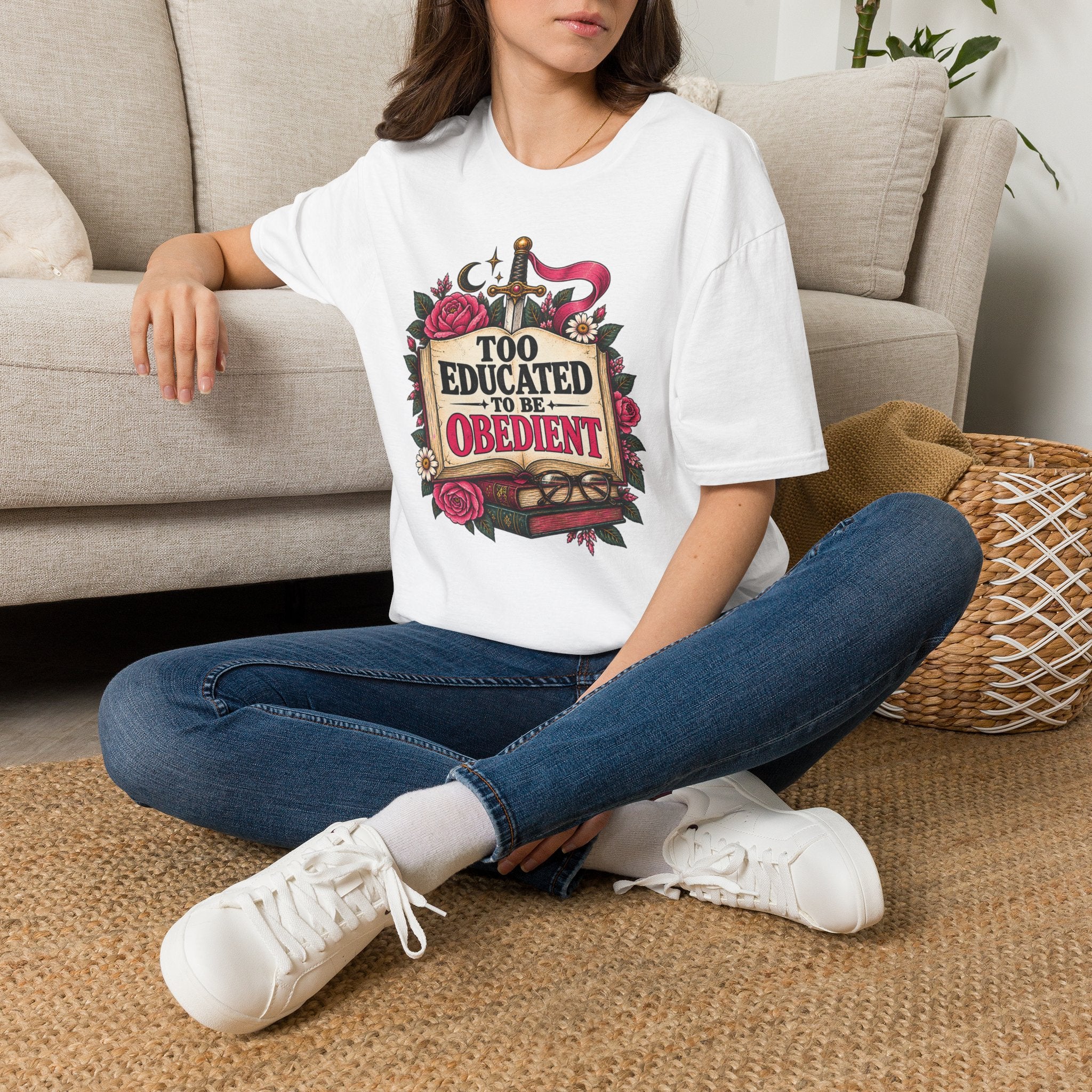 “Too Educated to Be Obedient” Feminist Floral Sword Graphic Tee