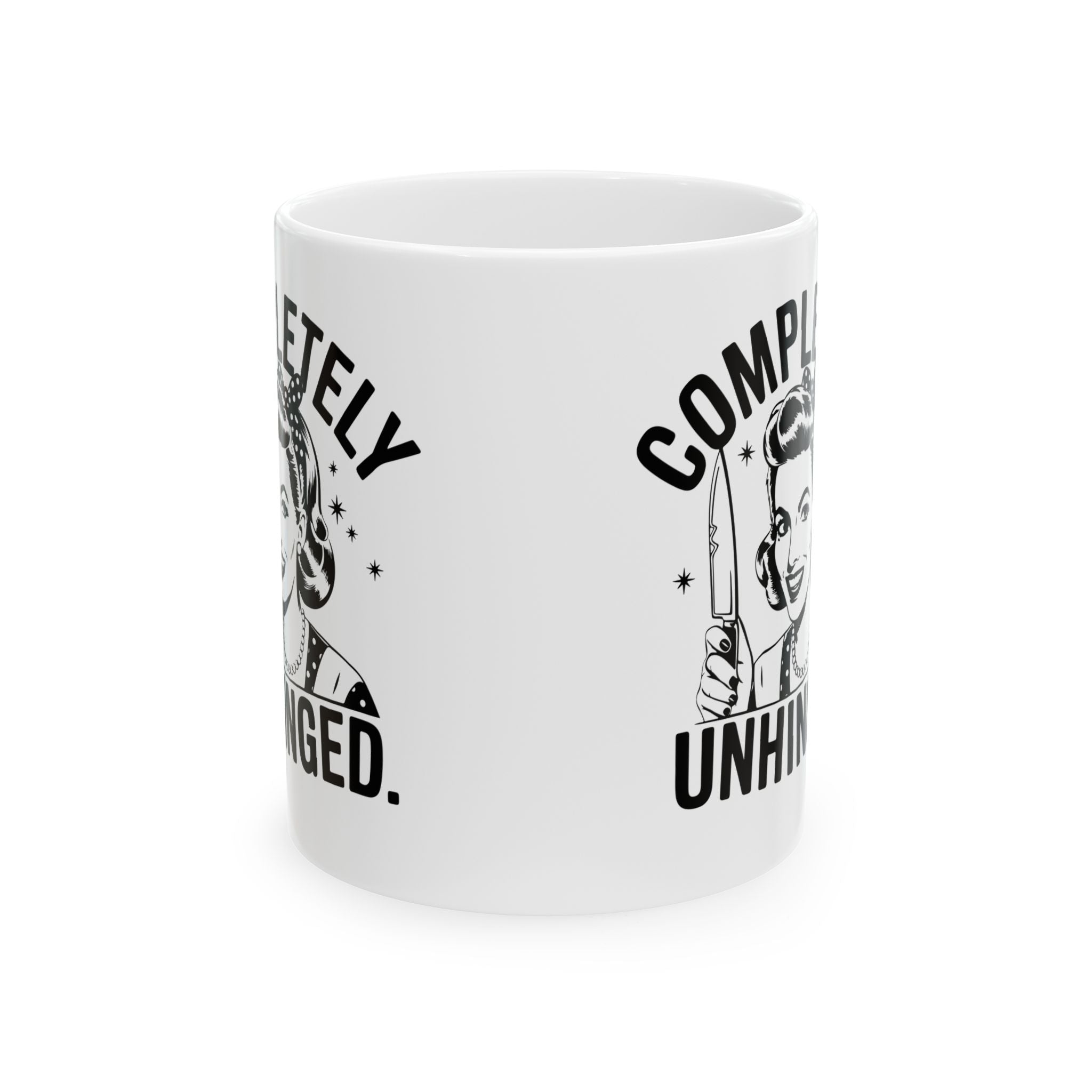 Ceramic Mug — "Completely Unhinged" Funny Retro Skull Knife Design (11oz, 15oz)