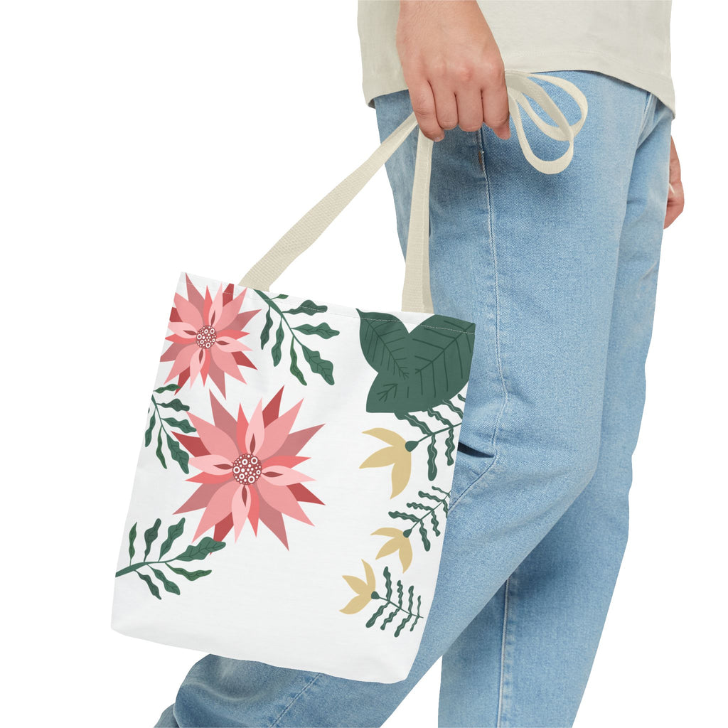 Floral Tote Bag – Pink Poinsettia & Green Foliage All-Over Print