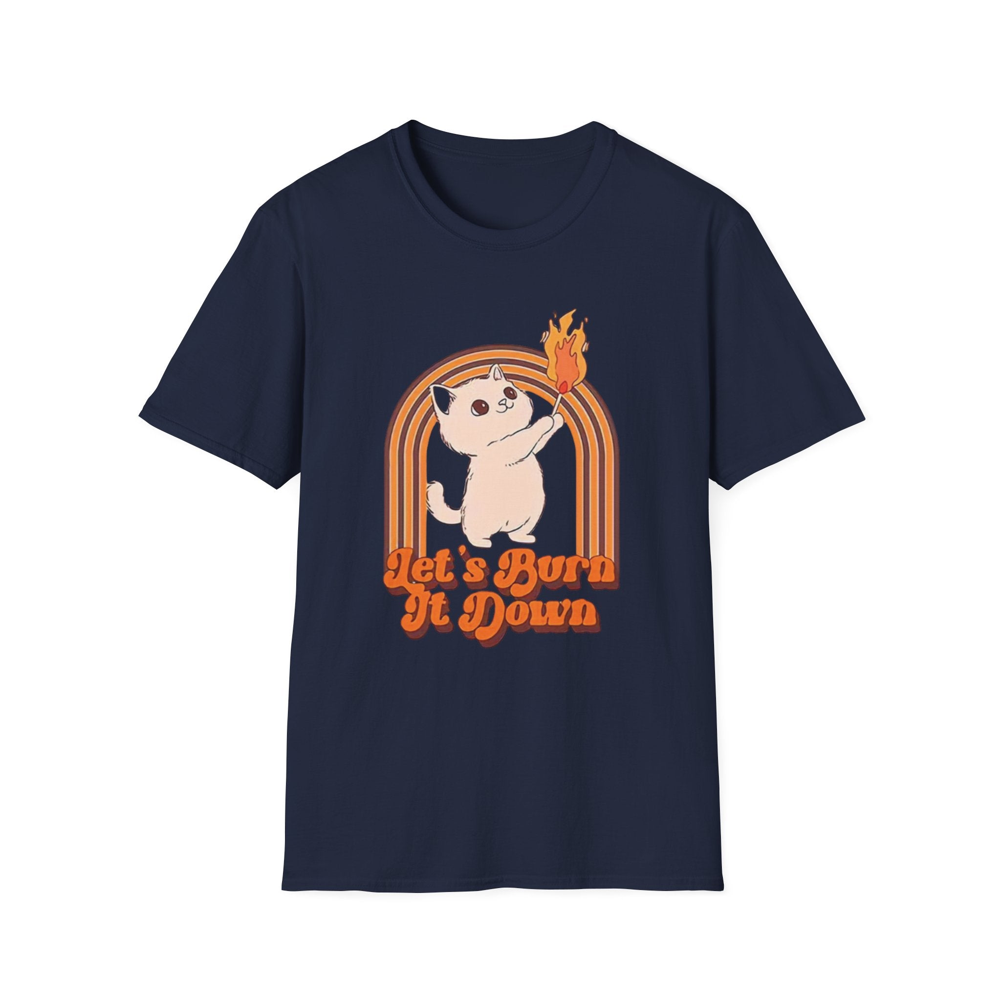 Feminist activist t shirt with cat graphic and text “let it burn”