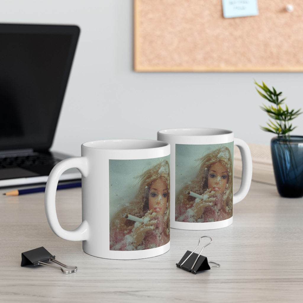 Vintage Doll Smoking Portrait Mug — Retro Doll Art Coffee Cup